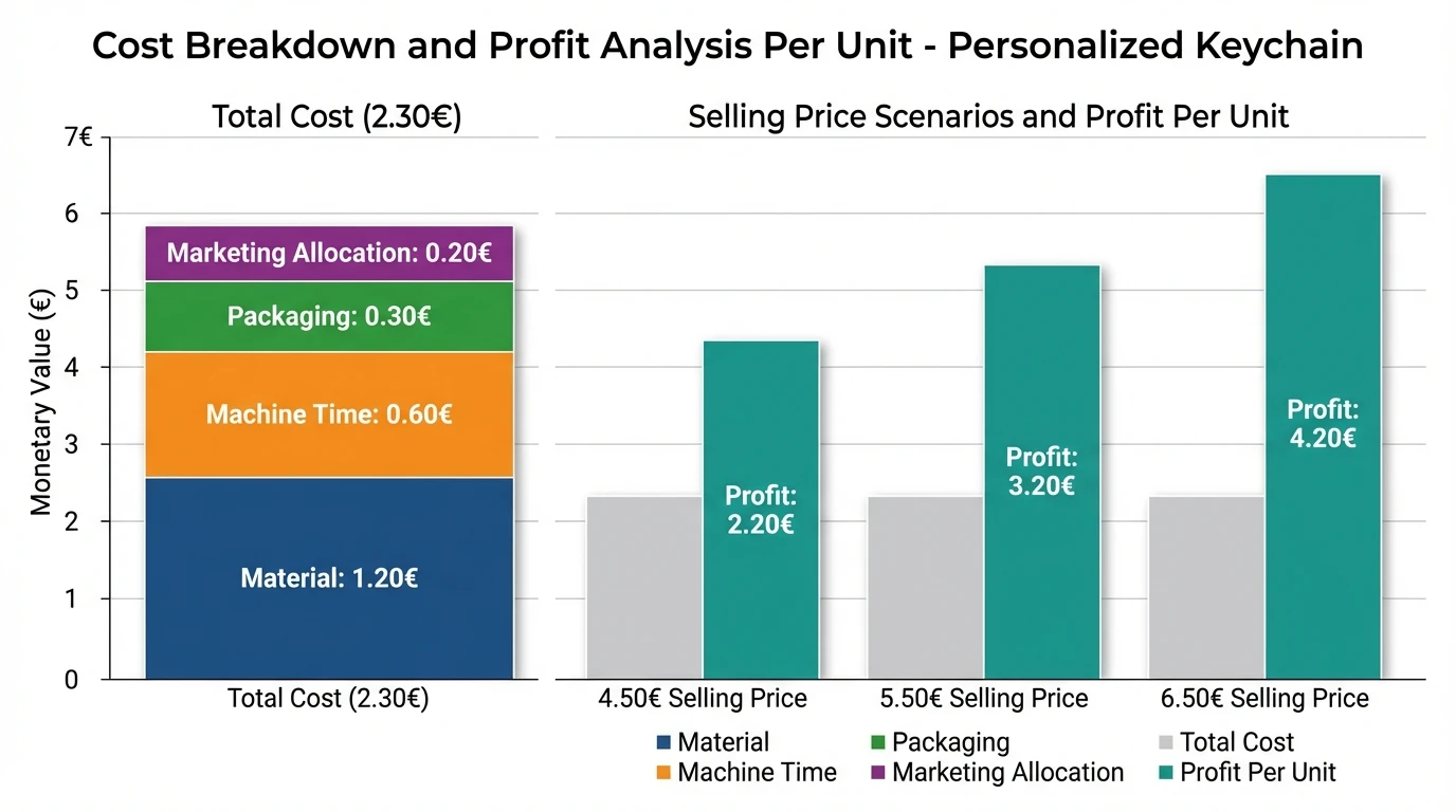 Bar chart showing cost breakdown per product for a Schülerfirma item (e.g., personalized keychain): Material 1.20€, Machine time 0.60€, Packaging 0.30€, Marketing allocation 0.20€; total cost 2.30€; compare to selling prices 4.50€, 5.50€, 6.50€ with resulting profit per unit