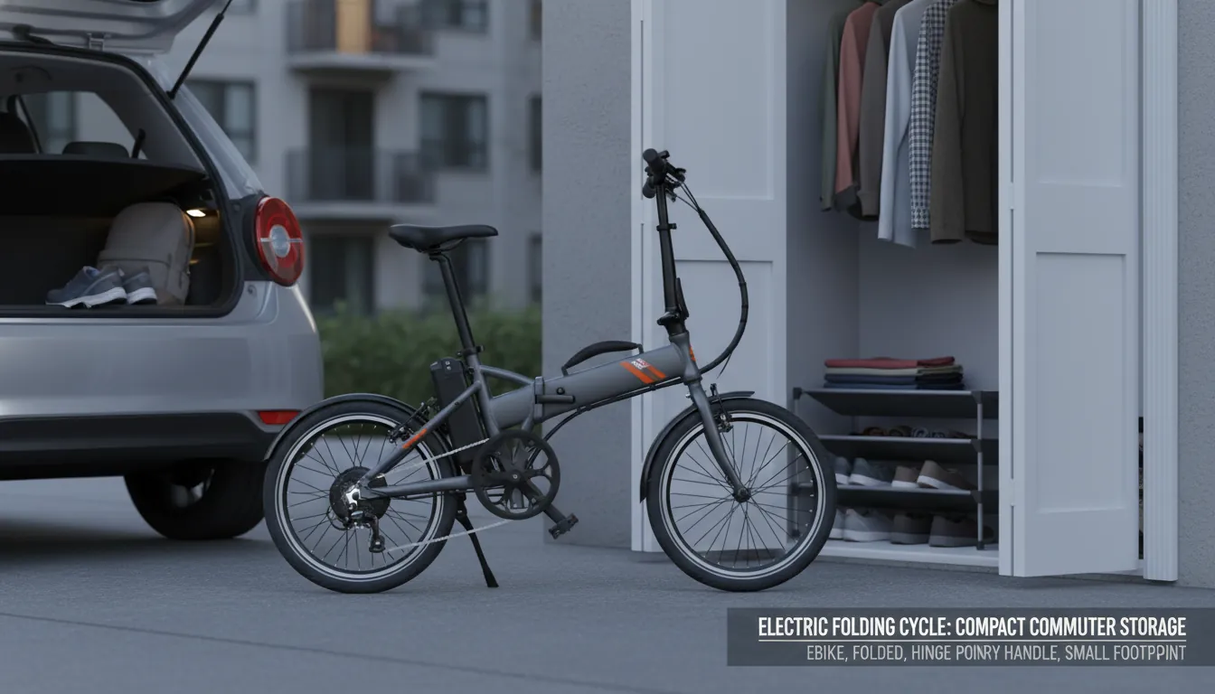 16:9 photo of an electric folding cycle folded beside a compact car trunk and apartment closet, showing hinge points, carry handle, and compact footprint; alt text="electric folding cycle folded ebike compact storage commuter"