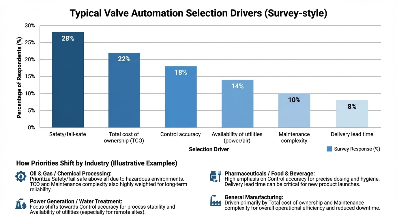 Bar chart showing typical valve automation selection drivers (survey-style) with data: Safety/fail-safe 28%, Total cost of ownership 22%, Control accuracy 18%, Availability of utilities (power/air) 14%, Maintenance complexity 10%, Delivery lead time 8%; describe how priorities shift by industry
