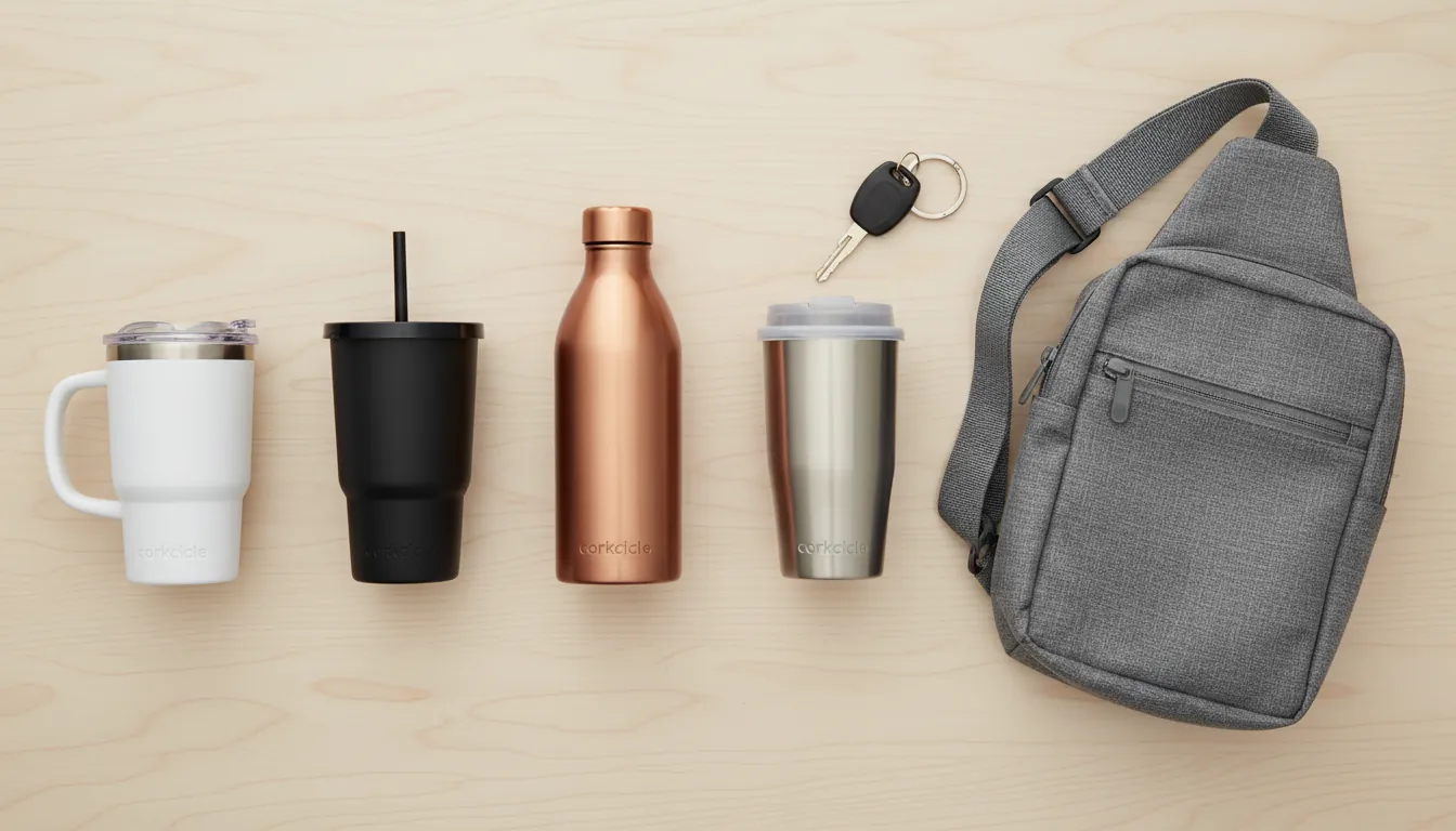 16:9 flat lay of Corkcicle drinkware lineup (mug, cold cup, canteen, commuter cup) next to keys and a crossbody sling bag on a clean tabletop; alt text: comfort drinkware insulated cup commuter cup Corkcicle daily essentials