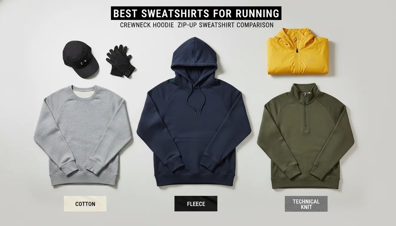 Flat lay of three sweatshirts (crewneck, hoodie, half-zip) with fabric swatches labeled cotton, fleece, technical knit; includes running accessories (cap, gloves) and a lightweight shell; 16:9 top-down studio lighting; alt text: best sweatshirts for running, crewneck hoodie zip-up sweatshirt comparison