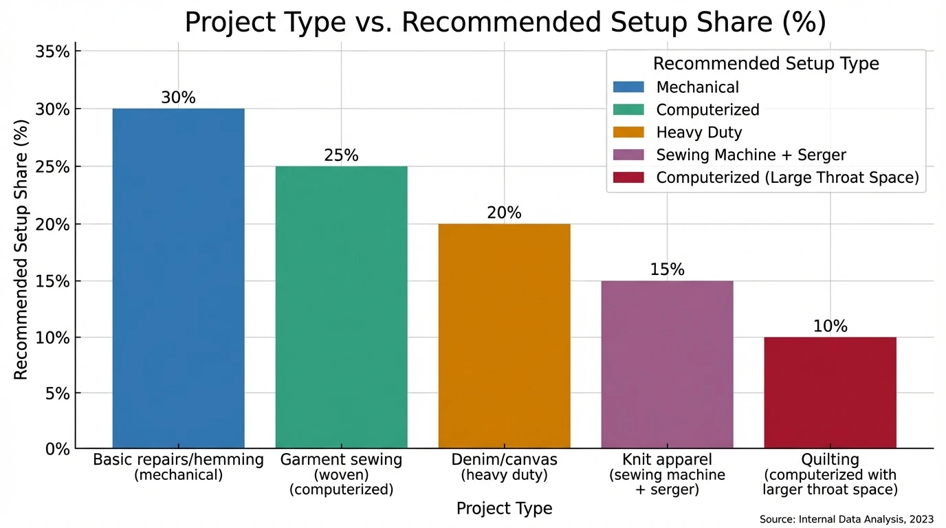 Bar chart showing “Project Type vs. Recommended Setup Share (%)” with data: Basic repairs/hemming 30% (mechanical), Garment sewing (woven) 25% (computerized), Denim/canvas 20% (heavy duty), Knit apparel 15% (sewing machine + serger), Quilting 10% (computerized with larger throat space)