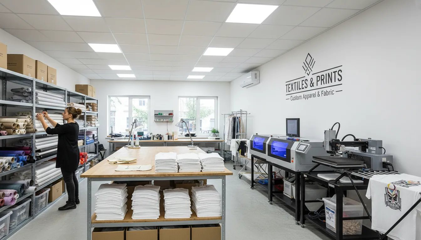 16:9 workshop scene showing a small business owner organizing fabric bolts and blank garments next to a compact laser cutter and DTF apparel printing station; clean, professional lighting; alt text: textiles shop near me custom apparel printing laser cutting fabric small business
