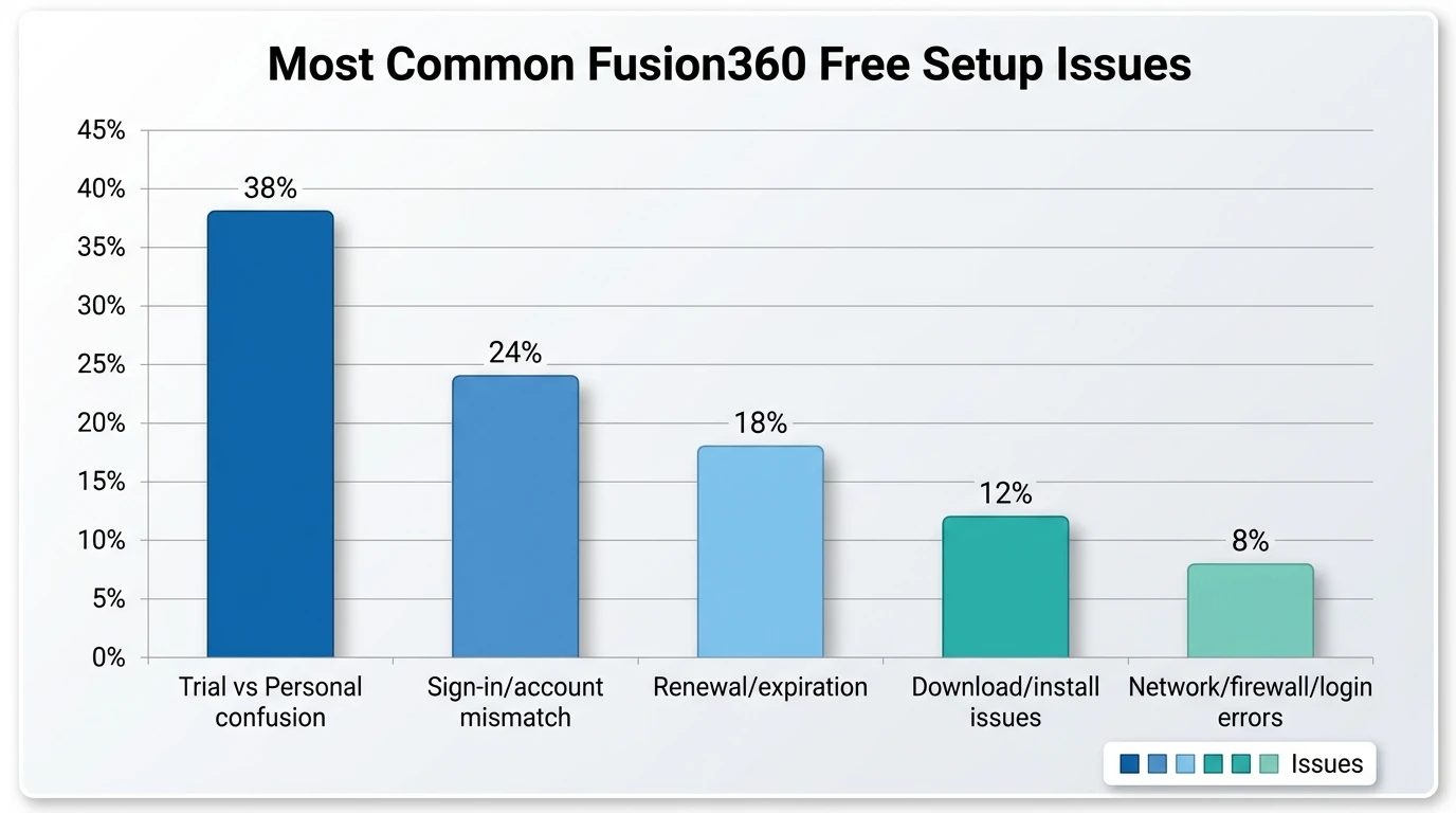 Bar chart showing "Most common Fusion360 free setup issues" with data: Trial vs Personal confusion 38%, Sign-in/account mismatch 24%, Renewal/expiration 18%, Download/install issues 12%, Network/firewall/login errors 8%