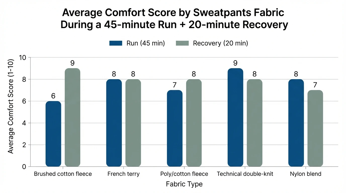 Bar chart showing “Average comfort score by sweatpants fabric during a 45-minute run + 20-minute recovery” with sample data: Brushed cotton fleece (Run 6/10, Recovery 9/10), French terry (Run 8/10, Recovery 8/10), Poly/cotton fleece (Run 7/10, Recovery 8/10), Technical double-knit (Run 9/10, Recovery 8/10), Nylon blend (Run 8/10, Recovery 7/10)