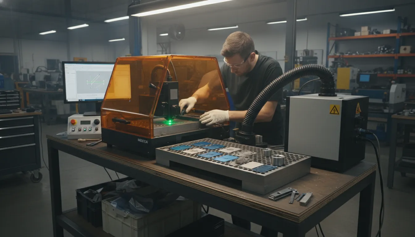 16:9 workshop scene showing an operator using a MOPA fiber galvo engraver with fume extraction and enclosure, marking anodized aluminum tags and stainless parts on a fixture; alt text: mopa laser metal engraving setup for anodized aluminum and stainless steel