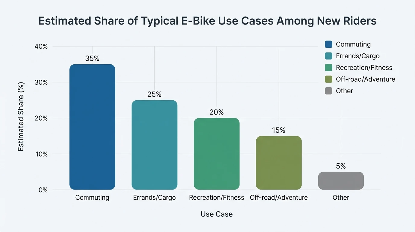 Bar chart showing estimated share of typical e-bikes use cases among new riders; categories and values: Commuting 35%, Errands/Cargo 25%, Recreation/Fitness 20%, Off-road/Adventure 15%, Other 5%.