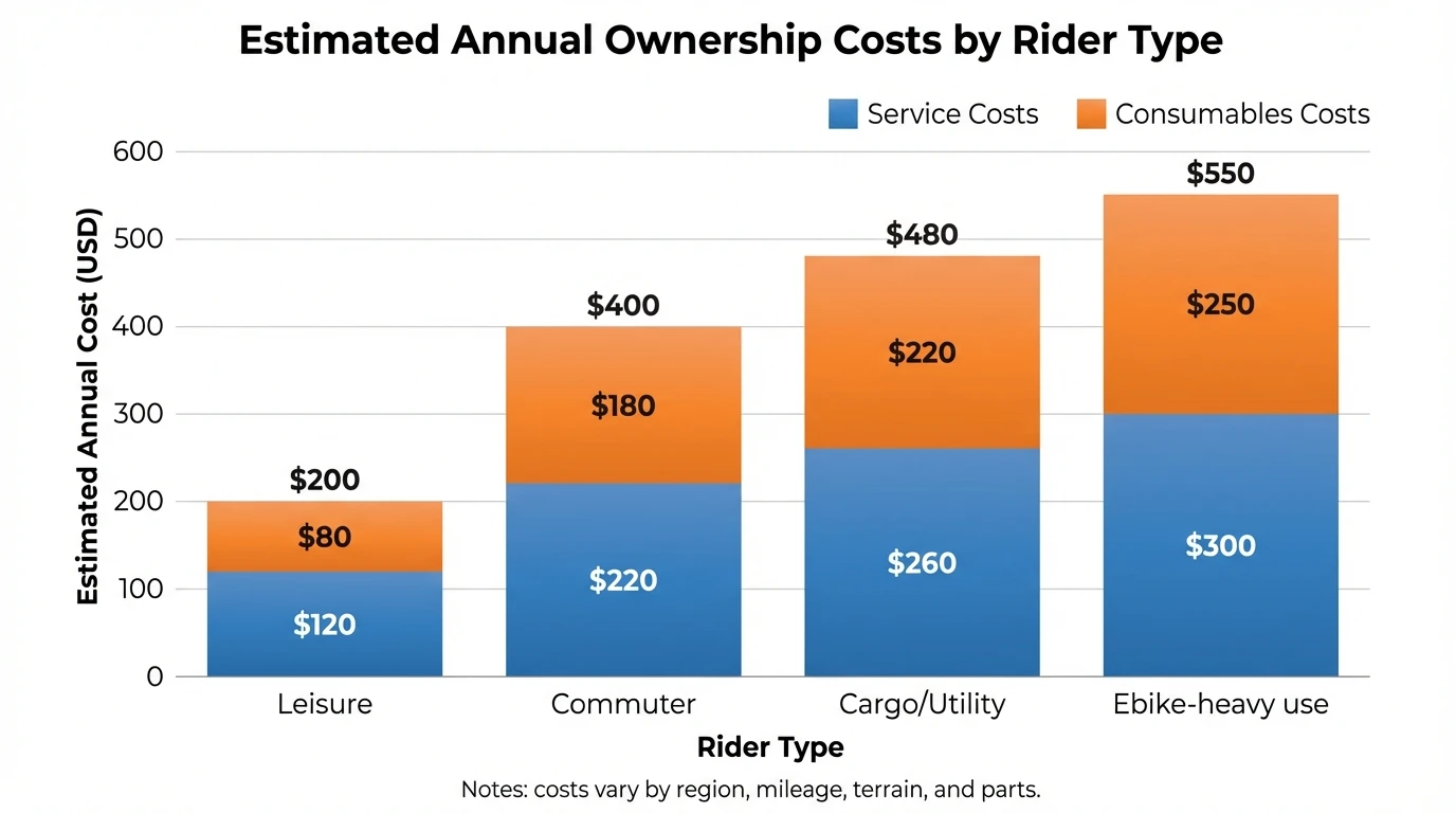 Bar chart showing estimated annual ownership costs by rider type (Leisure: $120 service + $80 consumables; Commuter: $220 service + $180 consumables; Cargo/Utility: $260 service + $220 consumables; Ebike-heavy use: $300 service + $250 consumables). Notes: costs vary by region, mileage, terrain, and parts.