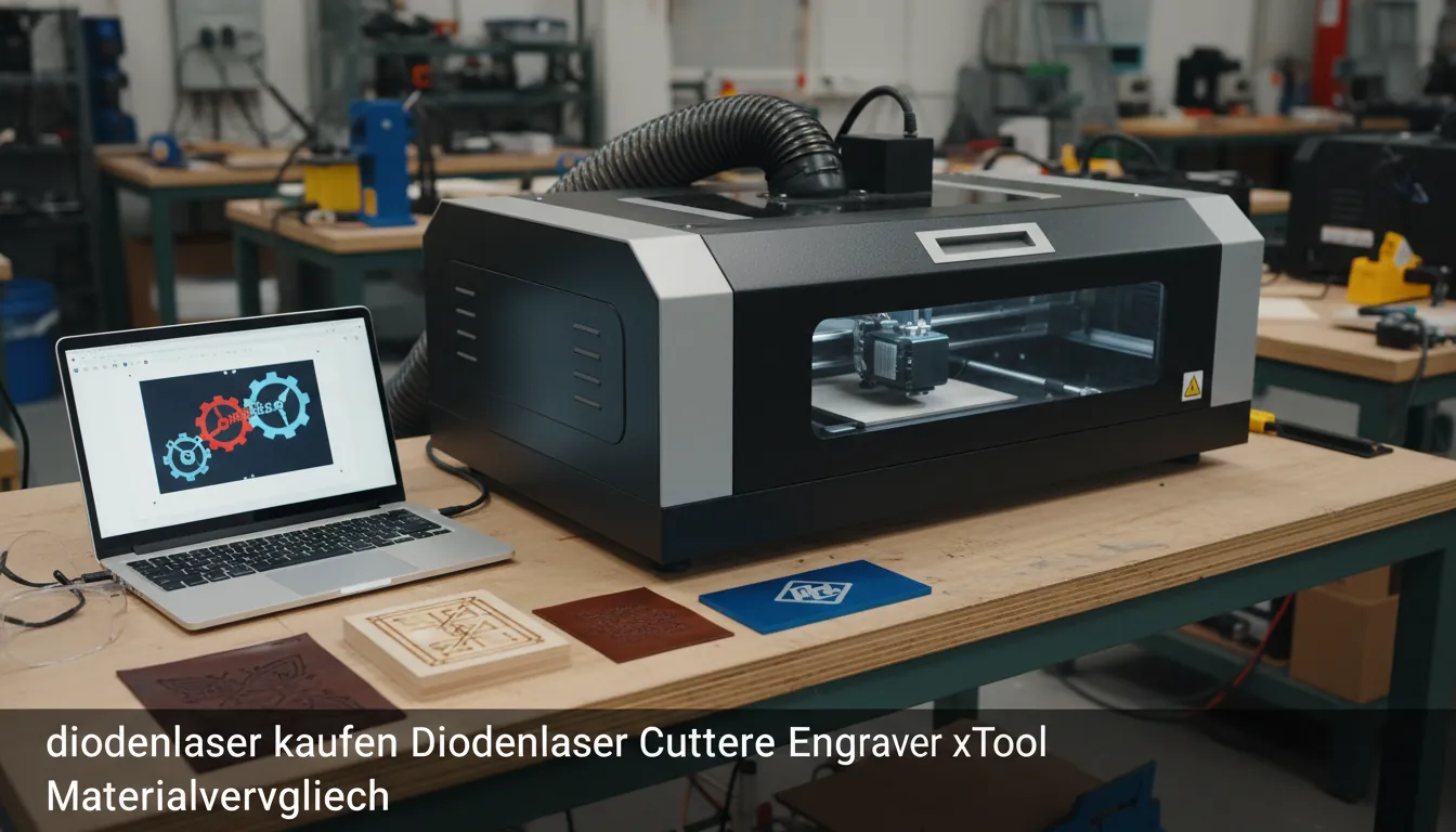 16:9 – Werkstatt-Szene mit geschlossenem diodenlaser-System auf Arbeitstisch, Absaugschlauch, Materialproben (Holz, Leder, eloxiertes Aluminium) und Laptop mit Vektor-Design; dokumentarischer, professioneller Look; Alt-Text: diodenlaser kaufen Diodenlaser Cutter Engraver xTool Materialvergleich
