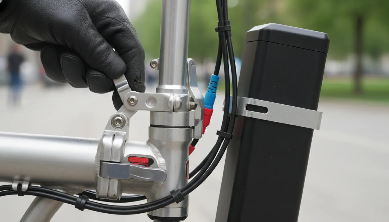 16:9 close-up image of an electric folding cycle hinge and latch mechanism with a rider’s hand checking the lock, plus visible battery mount and cable routing; alt text="electric folding cycle folding ebike hinge latch safety check"