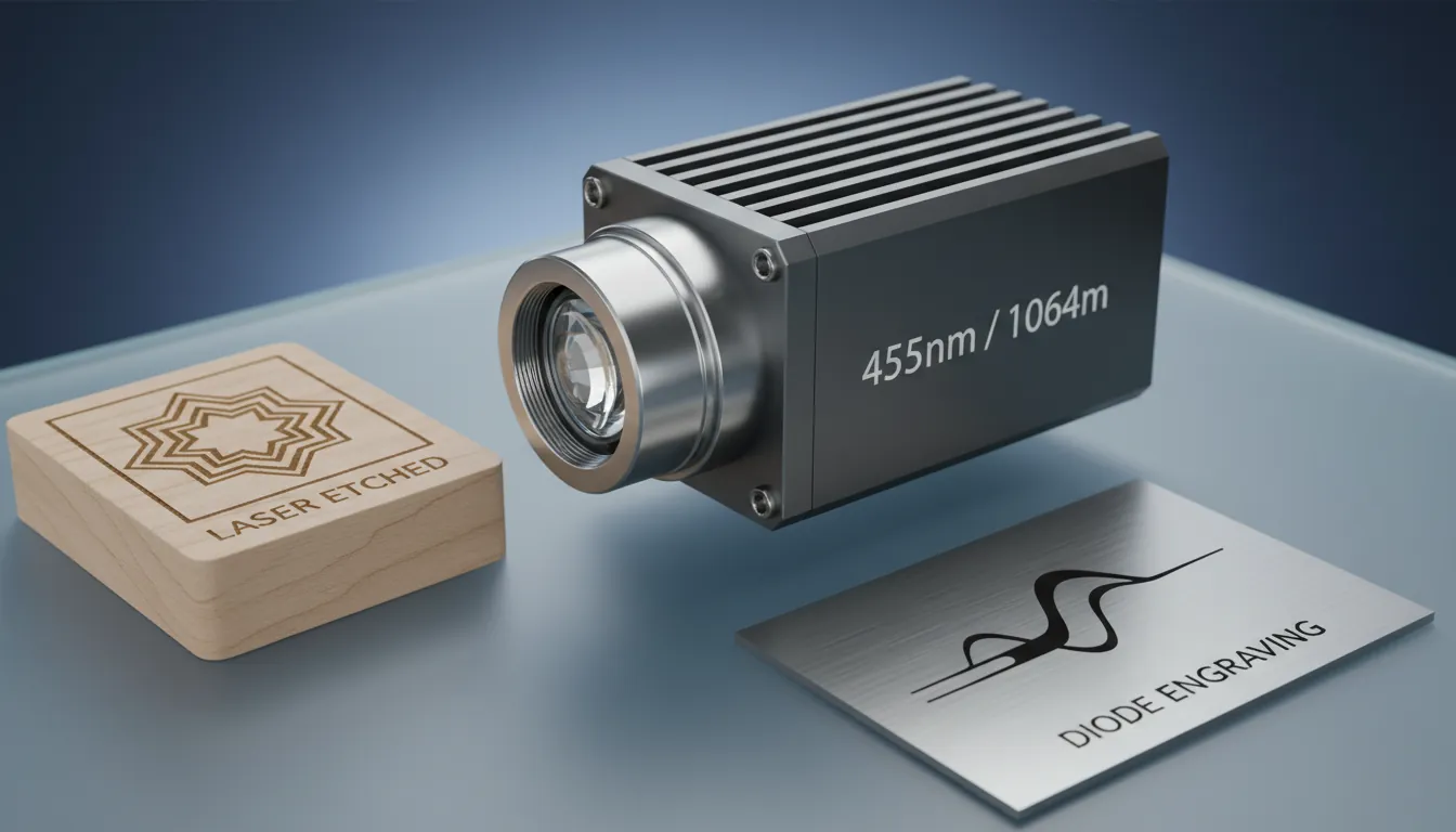 16:9 – Close-up eines modernen diodenlaser-Moduls mit Kühlkörper, Linsenfassung und sichtbar beschrifteter Wellenlänge (z. B. 455nm/1064nm), daneben Holz- und Edelstahl-Proben mit Gravur; Studio-Licht, technisch-cleaner Stil; Alt-Text: diodenlaser Lasergravur Diodenlaser Modul Wellenlänge