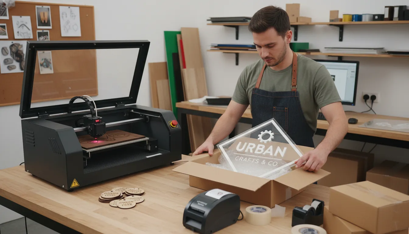 16:9 scene of a small business owner packaging finished laser-cut acrylic signage and engraved wood tags beside a desktop laser cutter; include alt text: "laser cutter for small business CO2 diode acrylic wood engraving workflow"