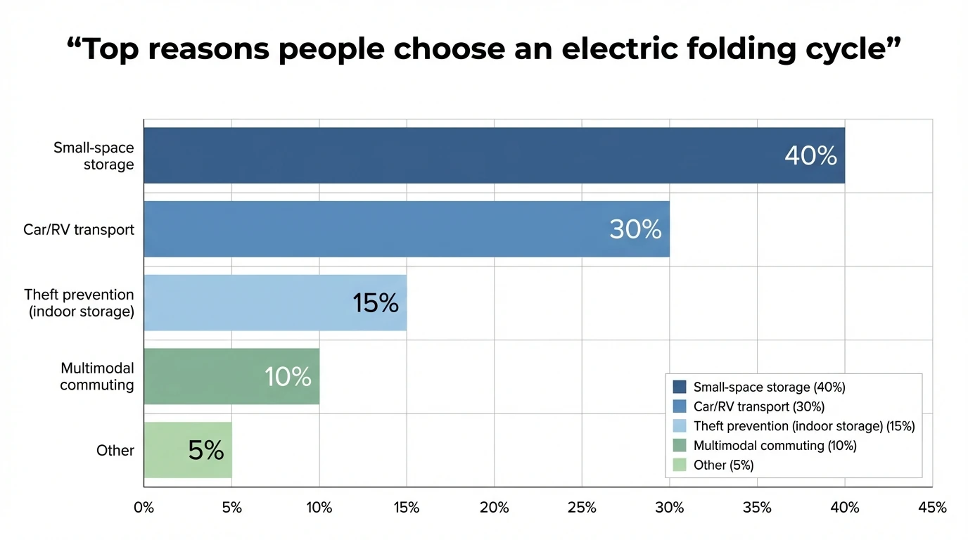Bar chart showing “Top reasons people choose an electric folding cycle” with data breakdown: Small-space storage 40%, Car/RV transport 30%, Theft prevention (indoor storage) 15%, Multimodal commuting 10%, Other 5%