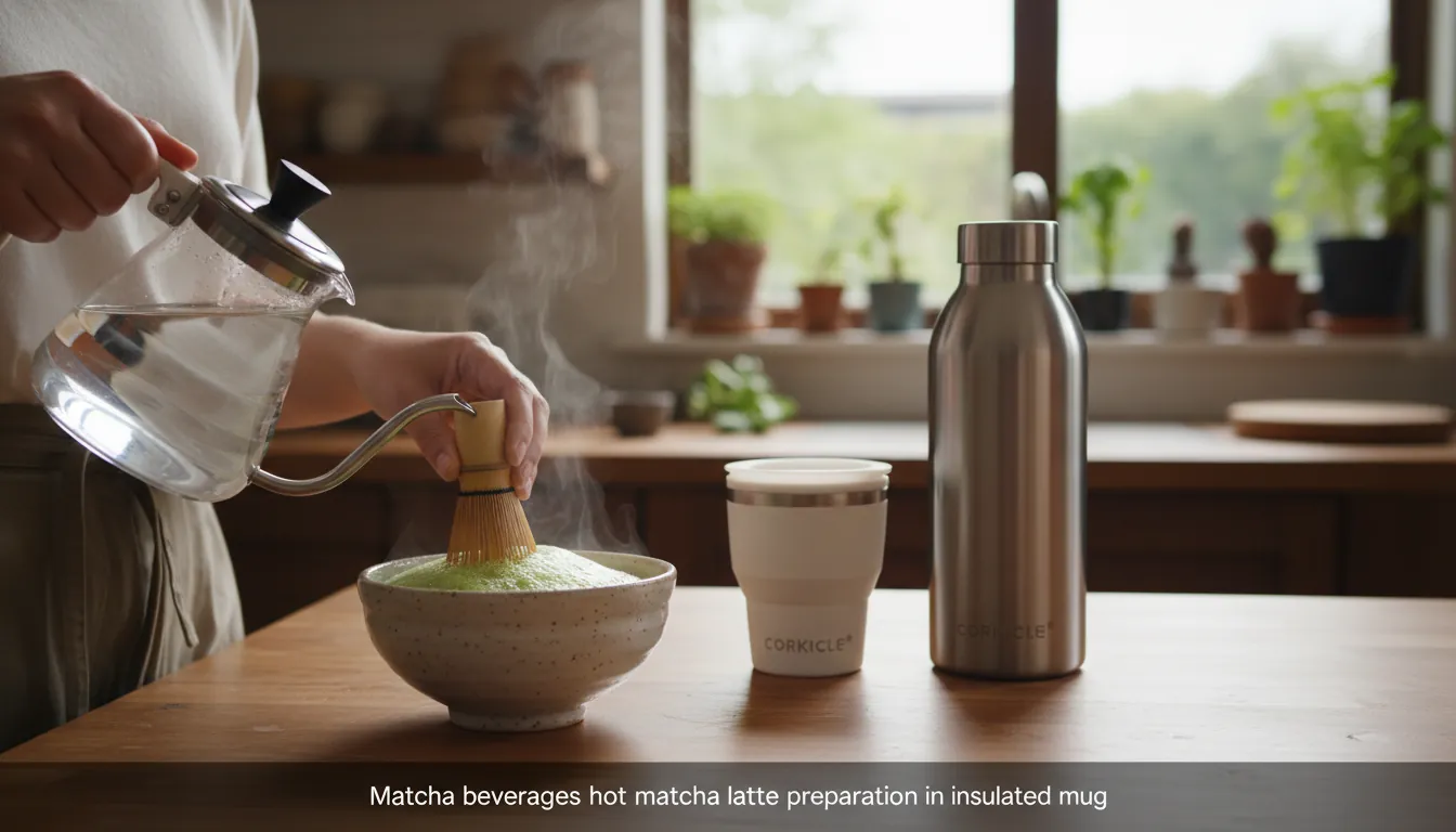 16:9 lifestyle shot of a person whisking matcha in a ceramic bowl beside a Corkcicle mug and insulated canteen, with steam rising from hot water; cozy kitchen; alt text: matcha beverages hot matcha latte preparation in insulated mug
