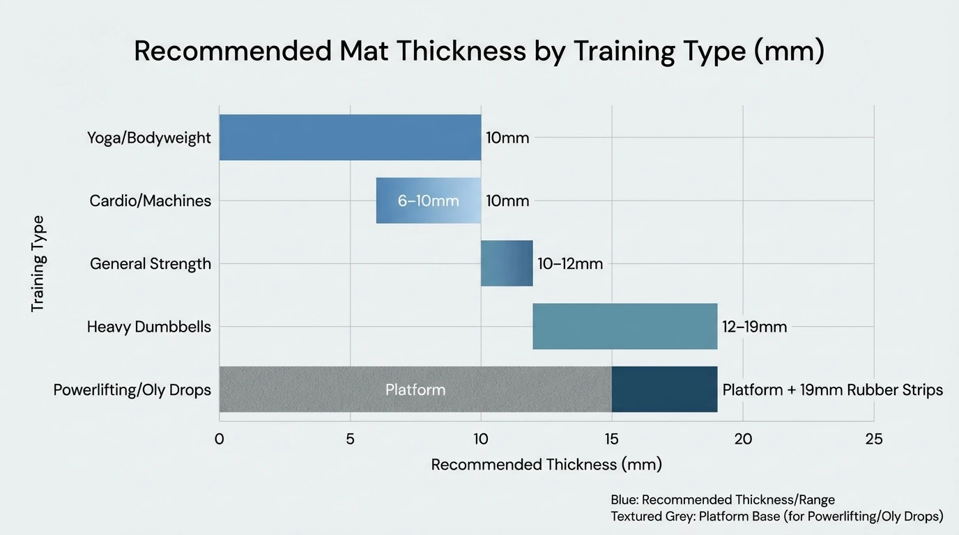 Bar chart showing recommended mat thickness by training type—Yoga/Bodyweight: 10mm; Cardio/Machines: 6–10mm; General Strength: 10–12mm; Heavy Dumbbells: 12–19mm; Powerlifting/Oly Drops: platform + 19mm rubber strips