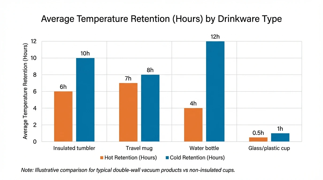 Bar chart showing average temperature retention (hours) by drinkware type—Insulated tumbler: hot 6h/cold 10h; Travel mug: hot 7h/cold 8h; Water bottle: hot 4h/cold 12h; Glass/plastic cup: hot 0.5h/cold 1h. Note: illustrative comparison for typical double-wall vacuum products vs non-insulated cups.