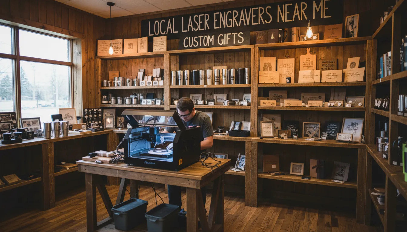 A cozy local laser engraving shop interior with wooden shelves displaying engraved tumblers, plaques, and gifts, a technician operating a desktop laser engraver on a workbench; warm lighting, realistic photography style; alt text: "local laser engravers near me custom gifts shop"