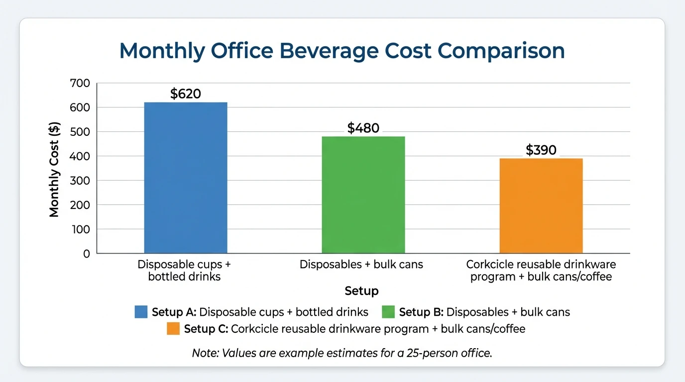 Bar chart showing monthly office beverage cost comparison across three setups; data description: Setup A “Disposable cups + bottled drinks” $620/month, Setup B “Disposables + bulk cans” $480/month, Setup C “Corkcicle reusable drinkware program + bulk cans/coffee” $390/month; include note that values are example estimates for a 25-person office