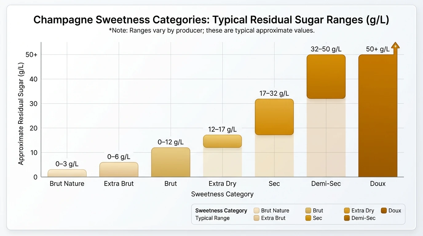 Bar chart showing typical Champagne sweetness categories vs approximate residual sugar (g/L): Brut Nature 0–3, Extra Brut 0–6, Brut 0–12, Extra Dry 12–17, Sec 17–32, Demi-Sec 32–50, Doux 50+; include note that ranges vary by producer