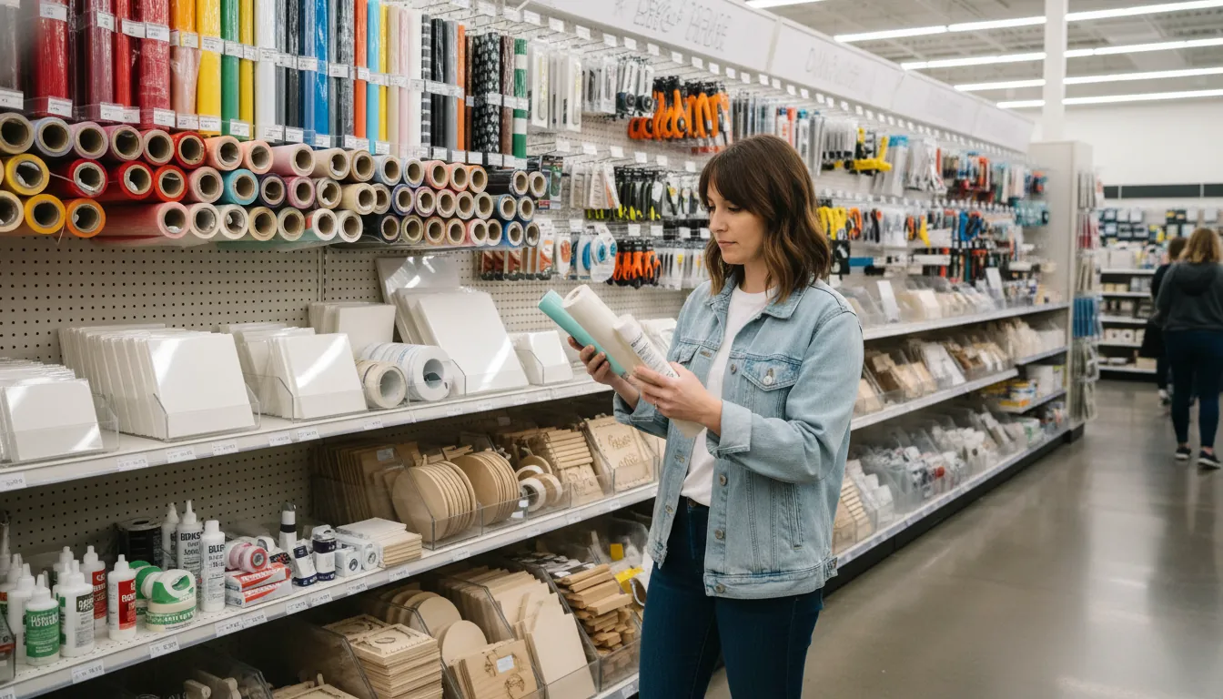 16:9 photo of a bright, organized crafts store aisle with vinyl rolls, acrylic sheets, wood blanks, adhesives, and tools; include a shopper comparing labels; alt text: crafts stores supplies vinyl acrylic wood blanks